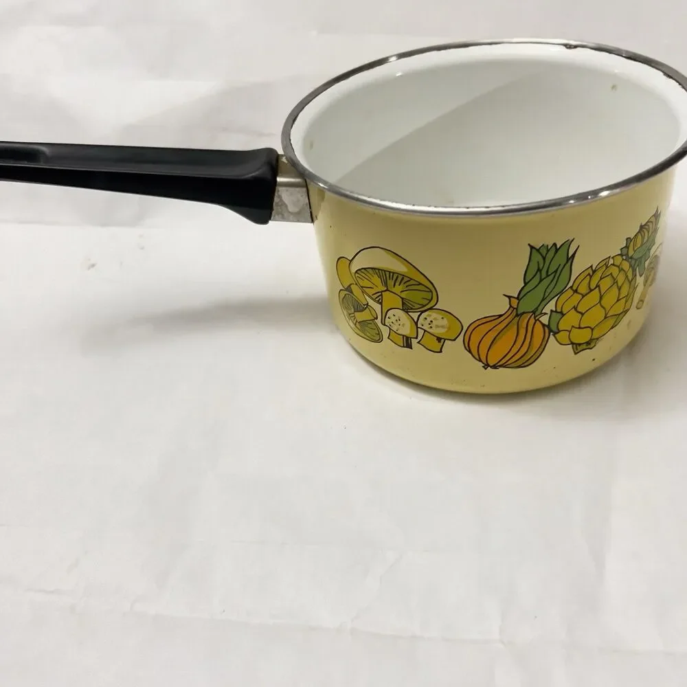 Vintage Enamelware Cera-Met Pot Yellow Mushroom Veggie Print 70’s Retro